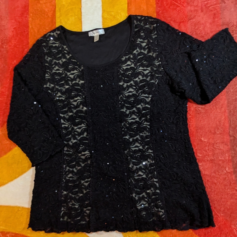 Vintage Dressbarn Black Lace Sequin Blouse Top 2X Stretchy Formalwear Partywear